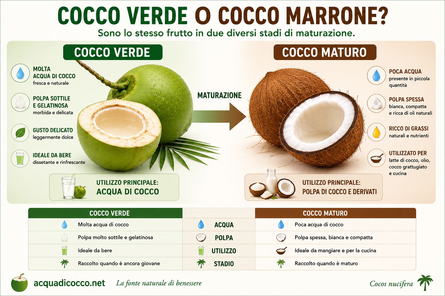 Confronto tra una noce di cocco verde giovane e una noce di cocco marrone matura