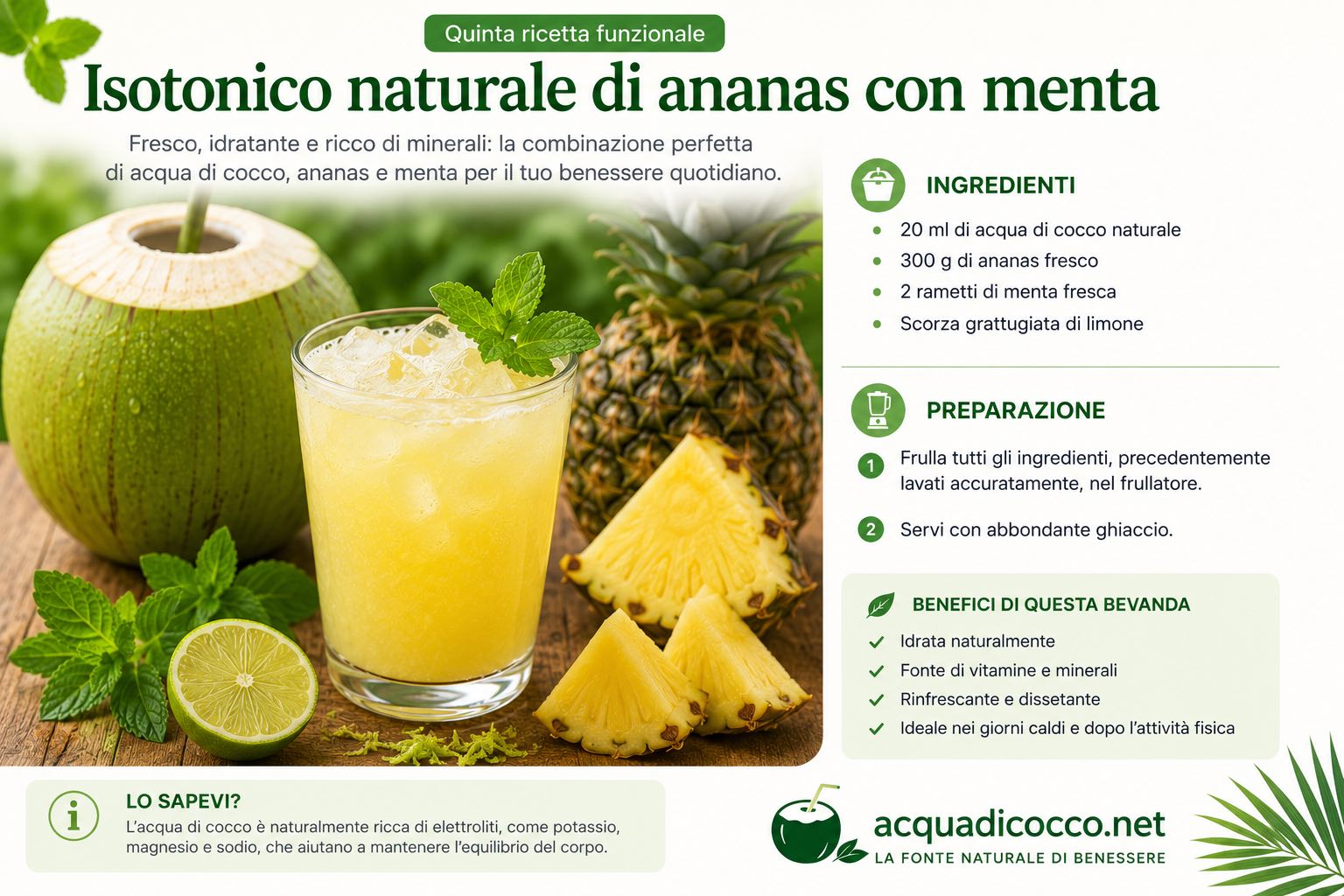 Isotonico naturale di ananas con menta e acqua di cocco