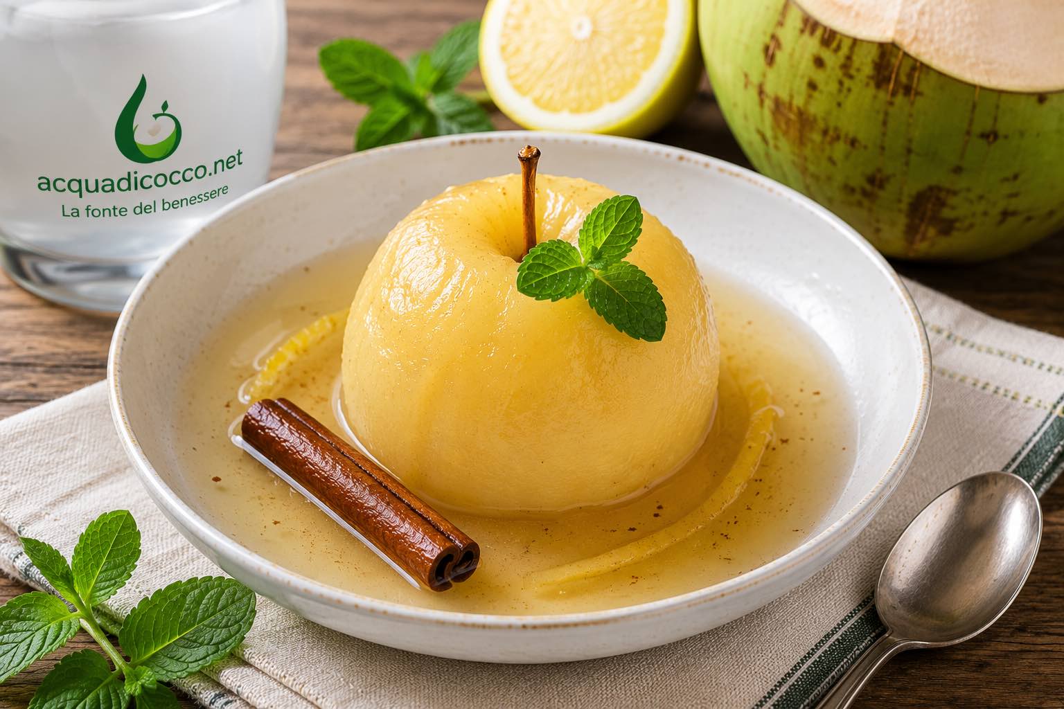 Mele cotte nell'acqua di cocco con cannella e limone