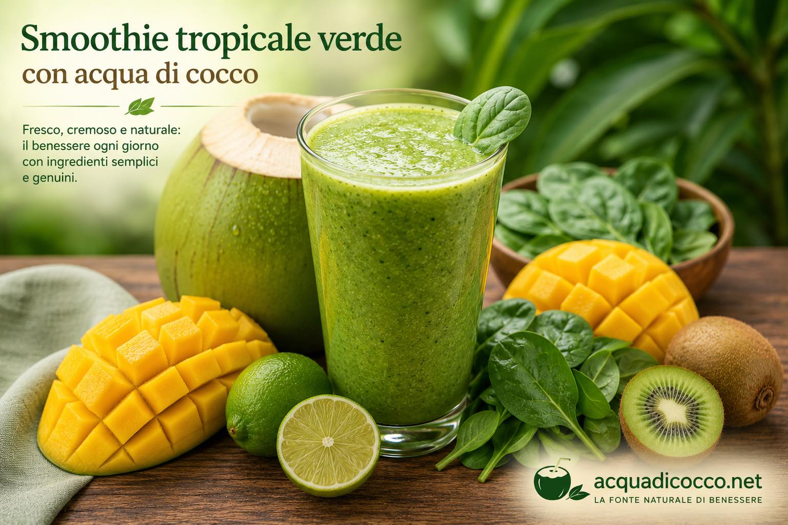 Smoothie tropicale verde con acqua di cocco